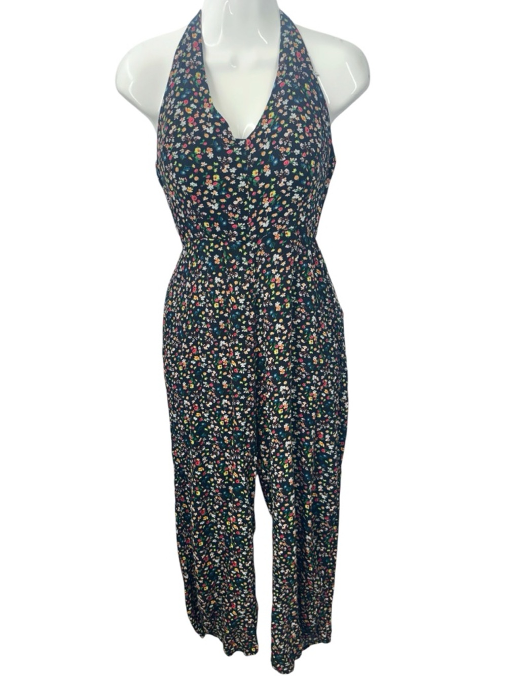 miami Navy Floral Halter Wide-Leg Jumpsuit